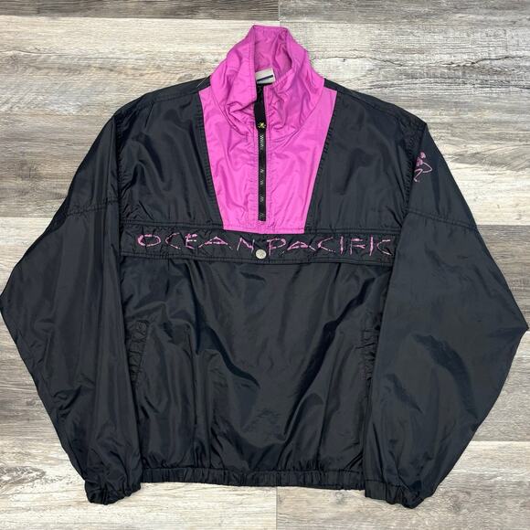 Vintage Ocean Pacific Black Purple Men L Spellout OP Anorak Windbreaker Jacket‎ - Picture 2 of 13